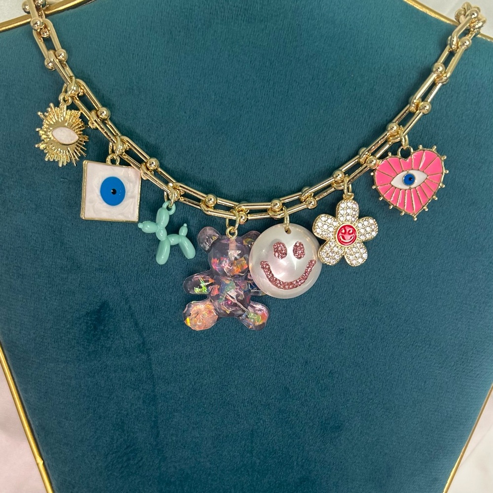 Gold Charm Necklace with Colorful Accents